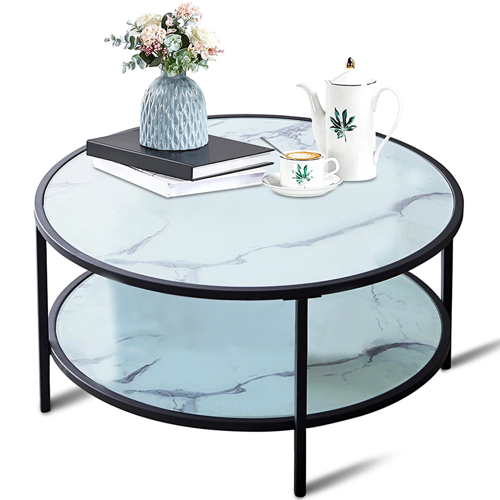 High Gloss Side End Lamp Coffee Table Round Tempered Glass Top Guest Room Tea