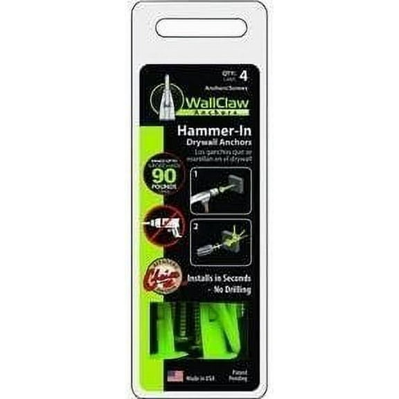 WallClaw Anchors Hammer-In Drywall Anchor With Screws - Pan-Head, 1/2", 4 Pack