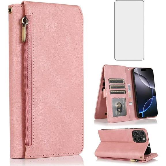 Compatible with iPhone15 16 Plus/Pro Max Wallet Case Screen Protector and Zipper Retro Leather Flip Cover Card Holder Stand Cell Accessories for i Phone16 16Pro i16 16ProMax Women