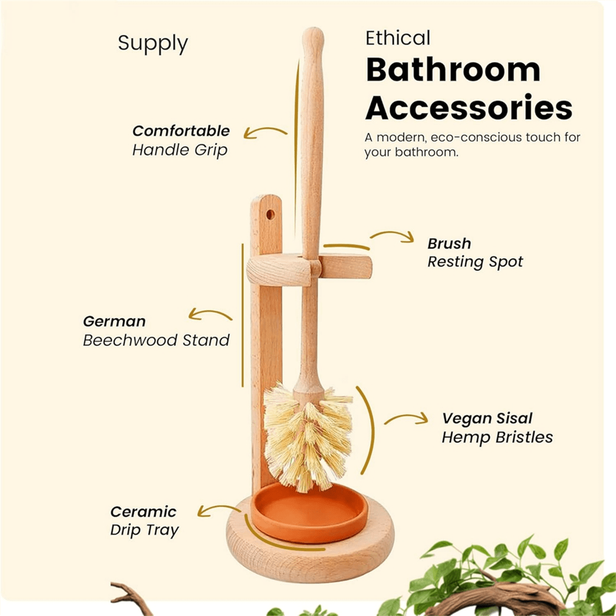 Toilet Bowl Cleaner Brush with Holder, 14 Inch Extra Long German Beechwood Handle, Ceramic Drip Tray,1 x Toilet Bowl Cleaner Brush,Wooden