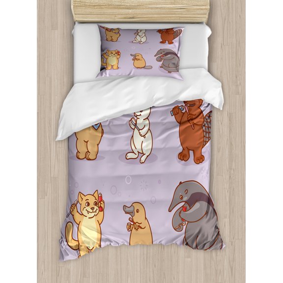 Animals Duvet Cover Set Twin Size, Ant Eater Hare Beaver and Cat Brushing Their Teeth Hygiene Themed Nursery Cartoon, Decorative 2 Piece Bedding Set with 1 Pillow Sham, Multicolor, by Ambesonne