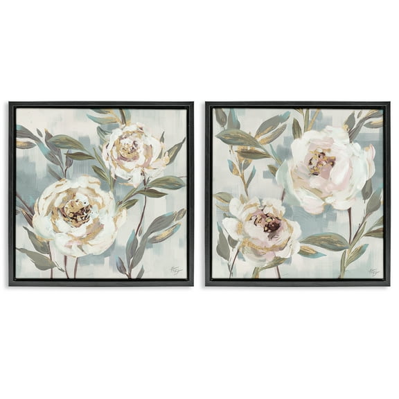 Stupell Industries Country Antique Blossoms Plants & Flowers Painting Black Floater Framed Canvas Art Print Wall Art, 18 x 18, Set of 2