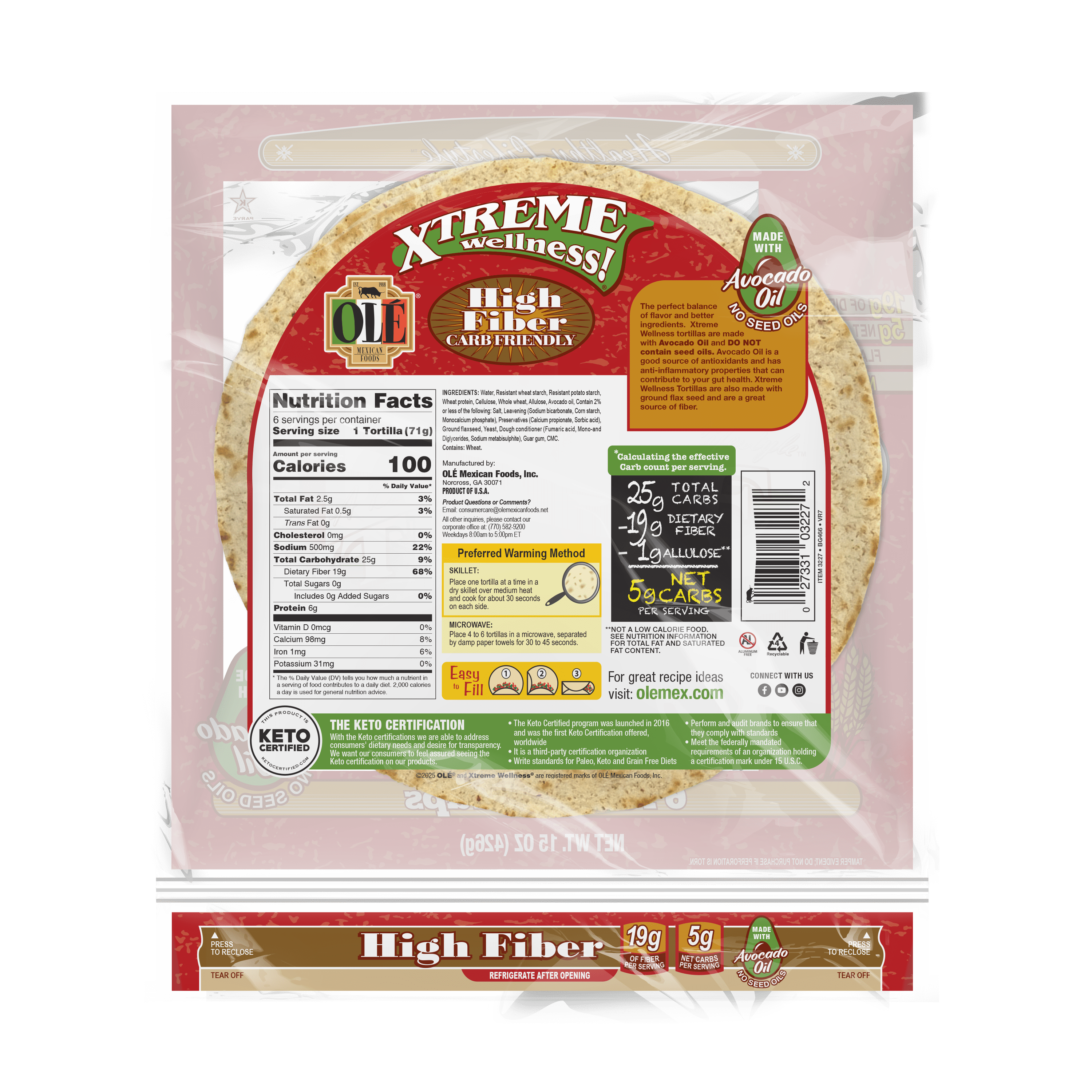 Olé Mexican Foods Xtreme Wellness High Fiber Large Burrito Flour Tortilla Wraps, 15 oz, 6 Count
