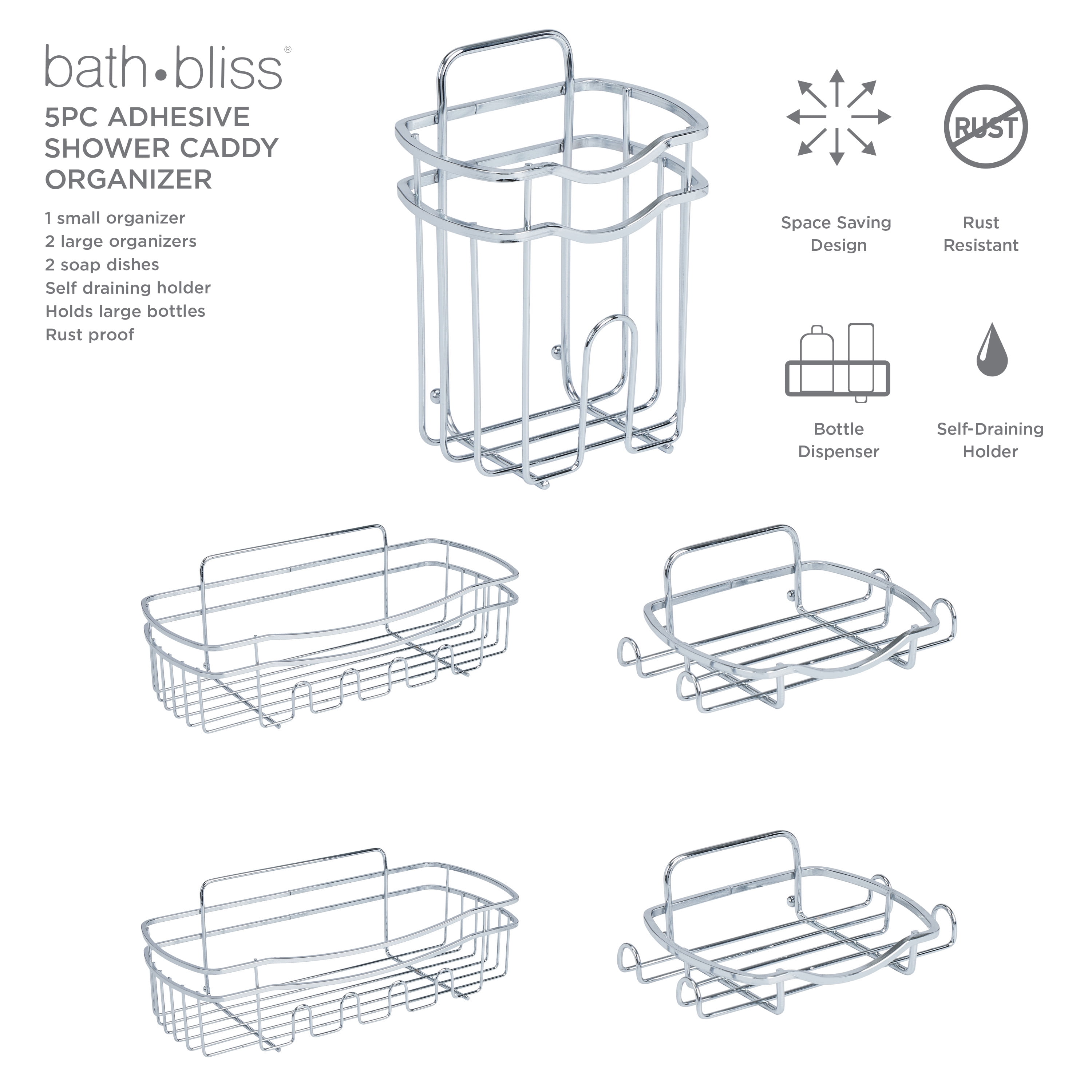 Bath Bliss 5 Piece Adhesive Shower Caddy Organizer in Chrome