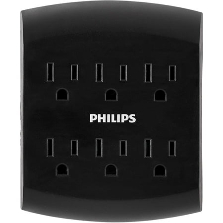 Philips 6-Outlet Grounded Wall Tap with Safety Guard, Surge Suppression, Black – SPS1461BC