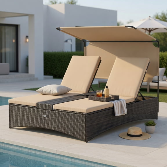Spaco Single 2-Person Patio Daybed, PE Rattan Outdoor Lounger with Multi-Position Adjustable Backrests, Brown