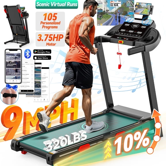 10% Inclined Treadmill w/ 330lb Capacity, 3.75HP Folding Treadmill for Home Walking Running, 96+9 Programs, APP Control, 9MPH, HiFi Stereo Speakers, Shock-Absorbing, Knee Strap Gift