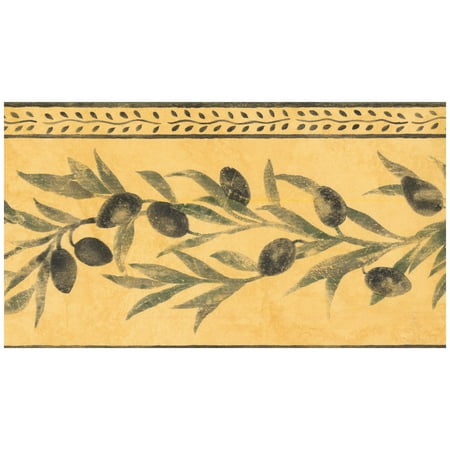 Butter Bordier Wall Border - Black Olives on Vine Butter Yellow Wallpaper Border Retro Design, Prepasted Roll 15 ft. x 5 in. ()