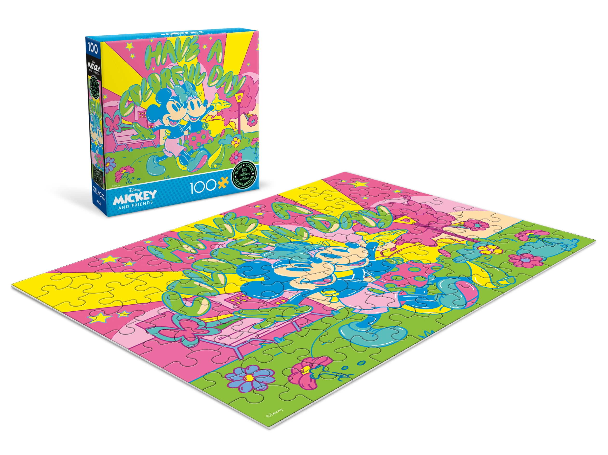 Ceaco Disney Mickey and Friends Have a Colorful Day Glow in the Dark 100-Piece Interlocking Jigsaw Puzzle for Children Ages 6+