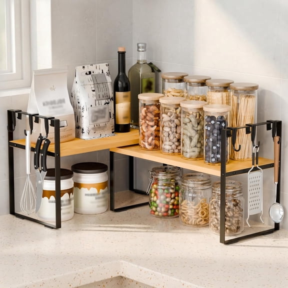 Cabinet Organizer Shelf, 2Sets Kitchen Counter Shelves, Stackable Expandable Spice Rack,djustable Kitchen Shelves - Stackable Organizer Rack