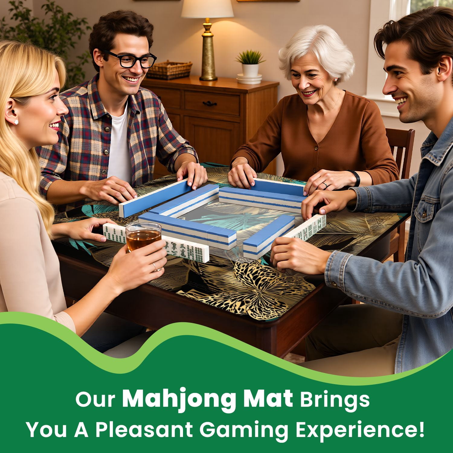 Mahjong Mat 31.5" x 31.5" Seamless Blue green Tropical banana leaves gold exotic palm Non-Slip Noise Reduction American Mahjong Tiles Table Cover for Dominoes Poker Card Board Games Gift
