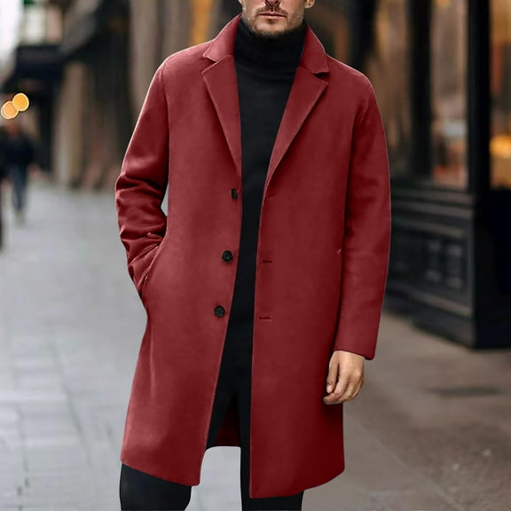 Mens Trench Coat Slim Fit Notched Collar Fall Winter Single Pea Coat Warm Soft Overcoat