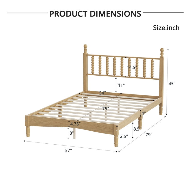 Mid-Century Modern Full Size Wood Platform Bed with Gourd Shaped Headboard, Retro Style Low Profile Bed Frame with Slats Support