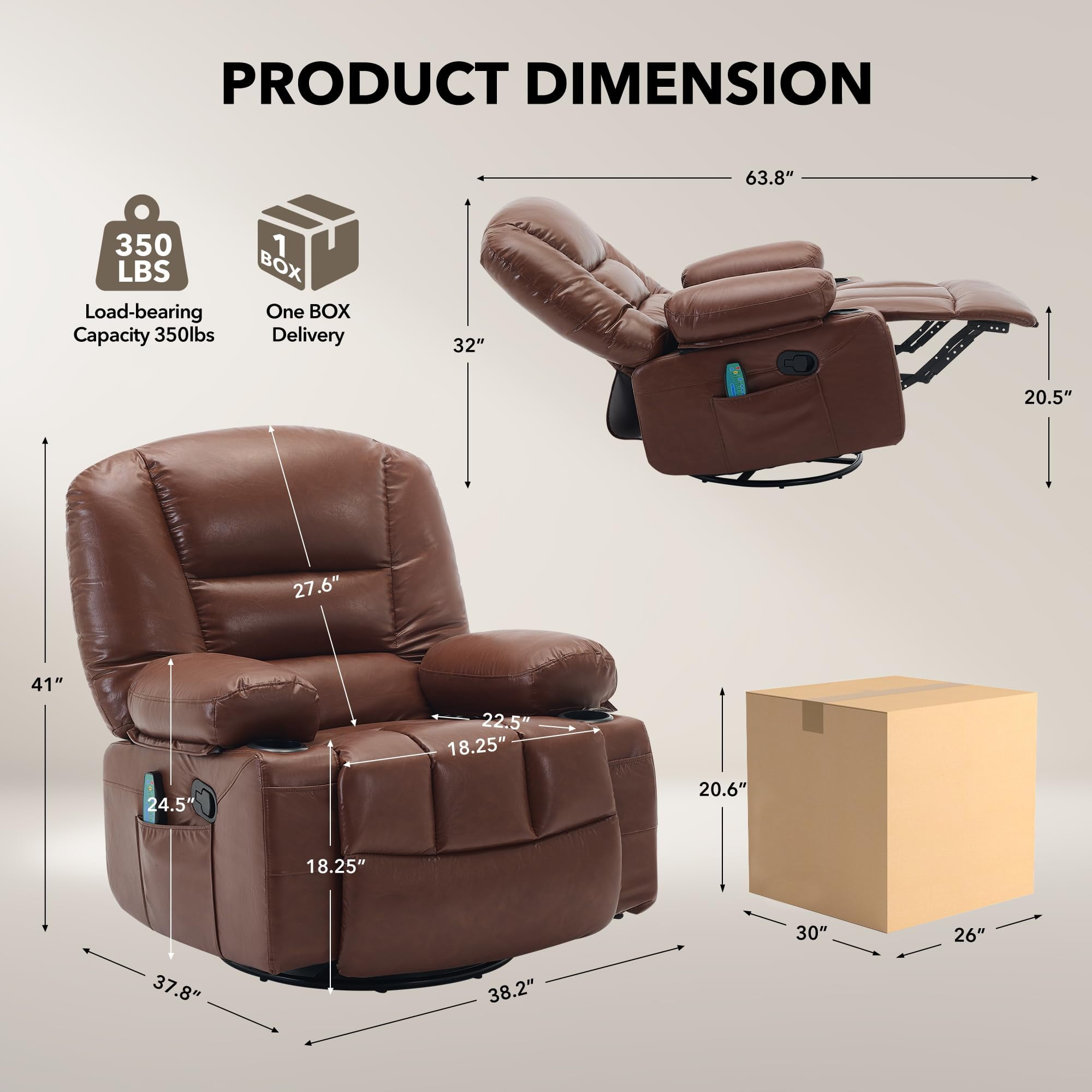 Oversized 360° Swivel Recliner Chair for Adults - Rocker Glider with Vibration Massage & Heat - Extra Wide, Overstuffed Lounge Sofa, Manual Recline, Cup Holders & Side Pockets