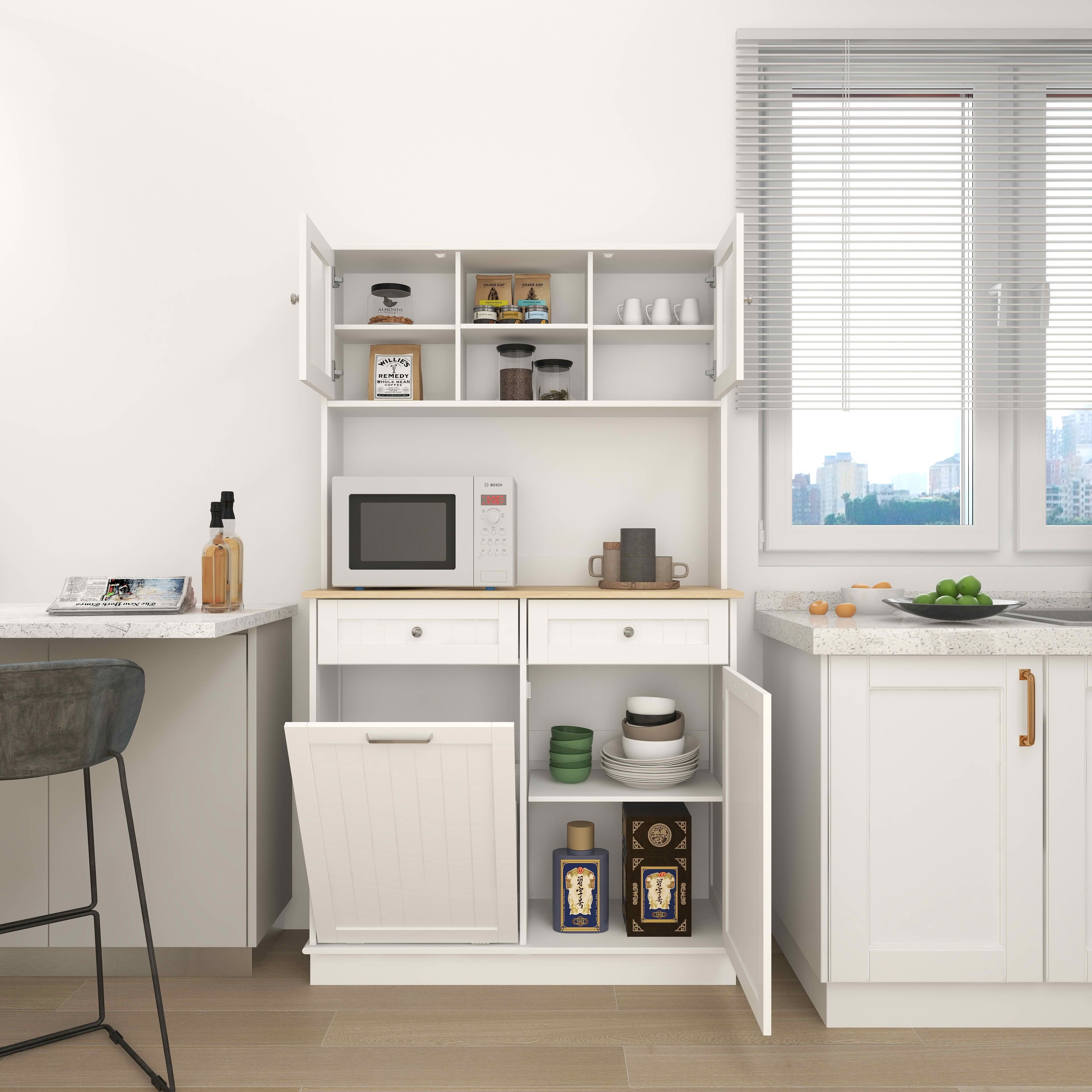MAYEERTY 67.7-Inch Tall Kitchen Trash Can Storage Cabinet, 3 Adjustable Shelves 2 Drawers 1 Tilt-Out Trash Bin White