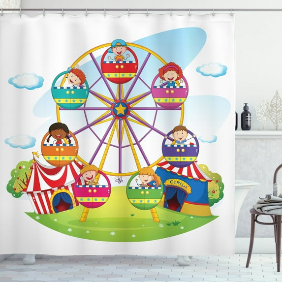 Ferris Wheel Shower Curtain, Cartoon Illustration of Children Having Fun at the Circus Riding Ferris Wheel, Fabric Bathroom Set with Hooks, 69W X 84L Inches Extra Long, Multicolor, by Ambesonne