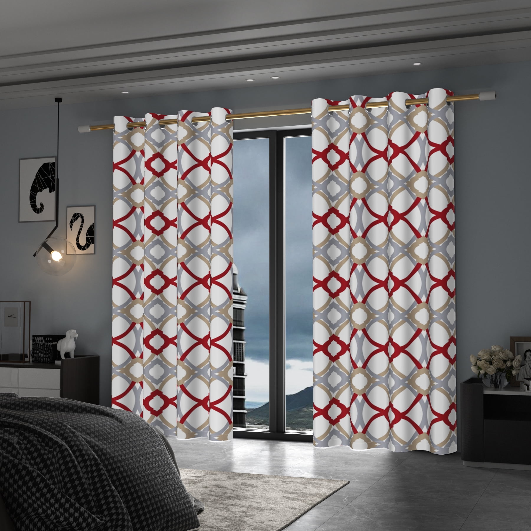 Lfeey Blackout Curtains Geometric Modern Grommet Curtains, Room Darkening Privacy Drapes, Red and Gray, 52x63 Inches, 2 Panels