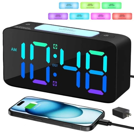 BAKIBO Extra Loud Alarm Clock for Heavy Sleepers, 6.3 Digital Bedroom Clock with 15 Dynamic RGB Colors, 7-Color Night Light, Dual Alarms, USB Charger Ports for Kids Adults Teens, Black