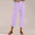 thumbnail image 3 of Linen Pants Women Elastic Waist Cropped Button Summer Lounge Pants Straight Leg Ankle Length Cotton Linen Slacks Purple XXL, 3 of 7