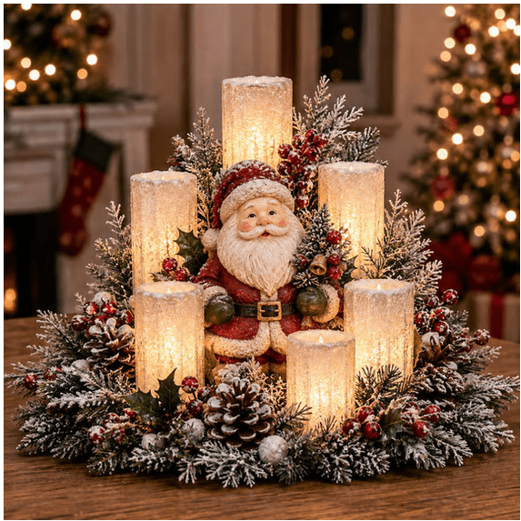 Christmas Lighted Centerpiece with Flameless Candle Glow, Snowman Christmas Table Arrangement, Frosted Evergreen & Berry Tabletop Ornament for Xmas Home Decor