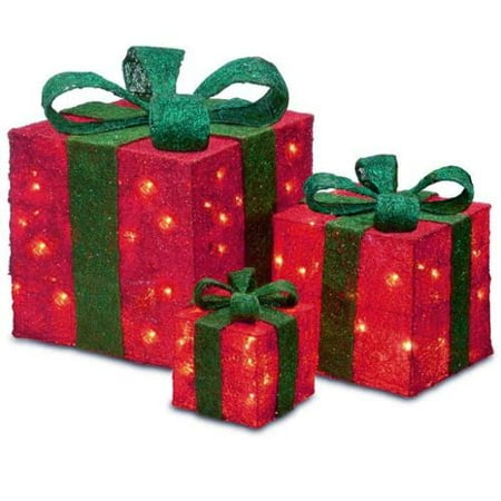 Set of 3 Sparkling Red Sisal Gift Boxes Lighted Christmas ...