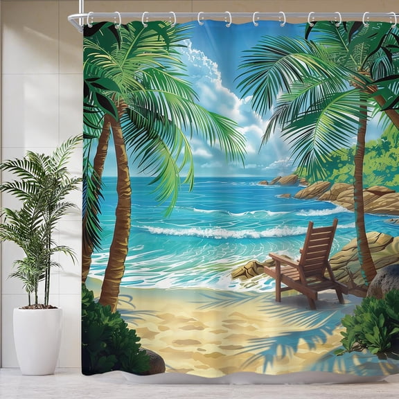 Tropical Beach Shower Curtain Palm Trees and Ocean View Fabric Bath Curtain with Hooks 71x71 inches