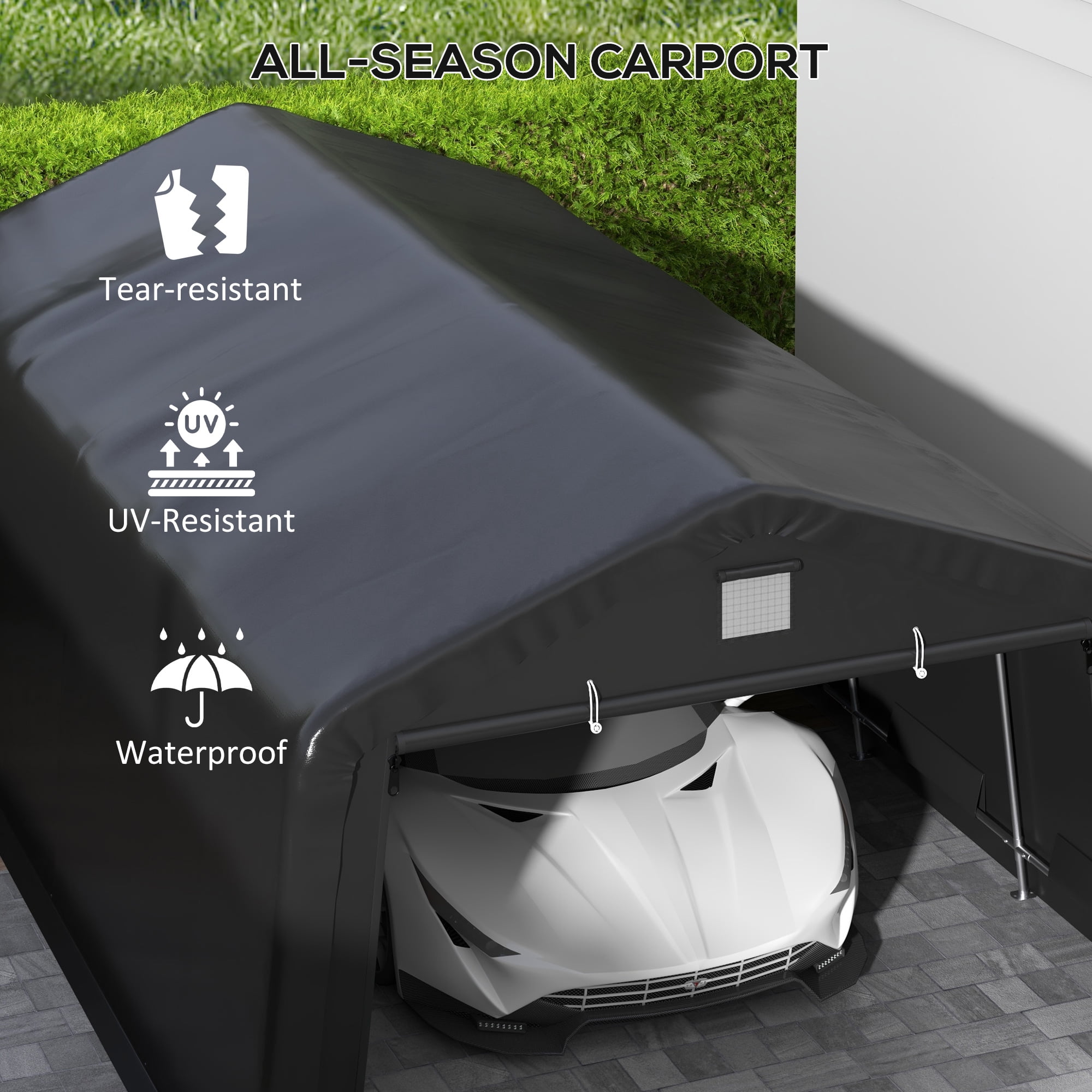 Outsunny 143.75 in x 243.25 in x 95.75 in Portable Garage with Ventilation Windows Black Carports