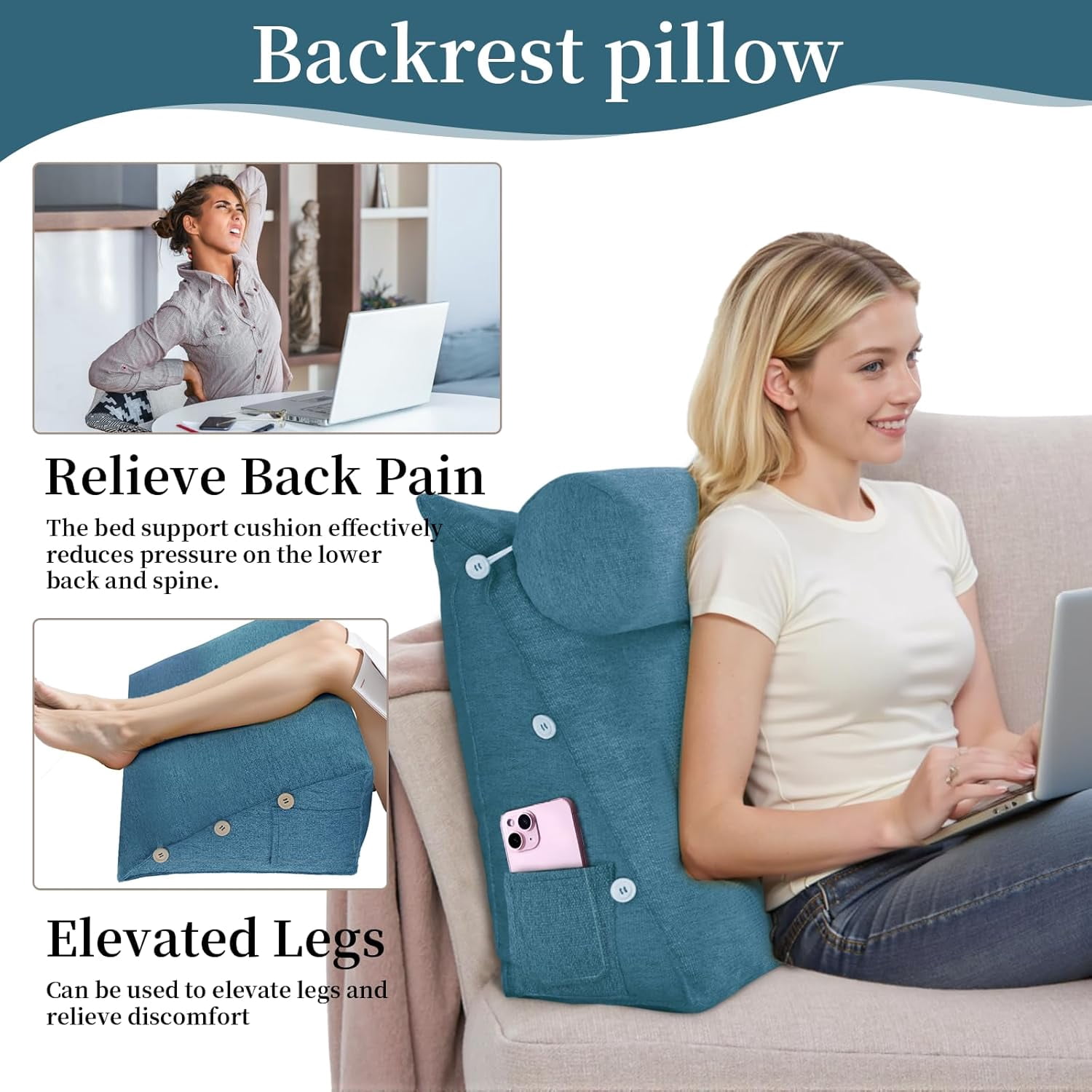 Bed Wedge Reading Pillow, Adjustable Reading Throw Cushion Triangular Pillow Wedge Couch Pillow for Lumbar Neck Back Support Pillow with Removable Linen Cover