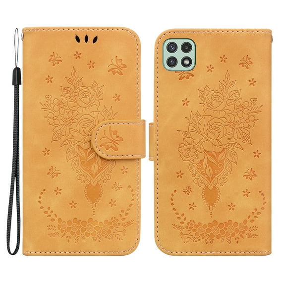 Case for Samsung Galaxy A22 5G Wallet Embossed Leather Magnetic Flip Protective Cover With Kickstand Card Cash Pocket Wrist Strap Drop Protection Phone Case Cover,Yellow