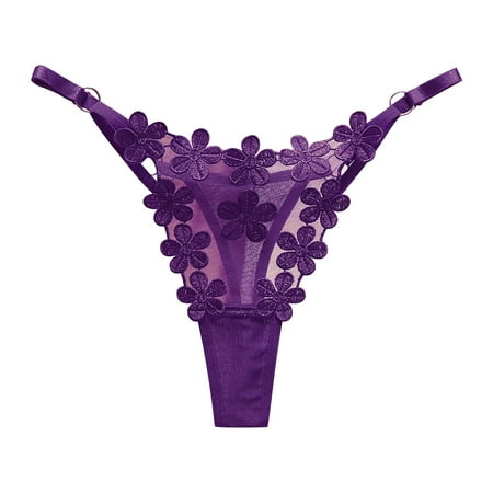 BYHONG Pure Desire Thong Metal Buckle Design Sweet Flower Embroidery Breathable Mesh Sexy Adjustable Belt Ladies Plus Size Underwear Women s Panties Purple One Size