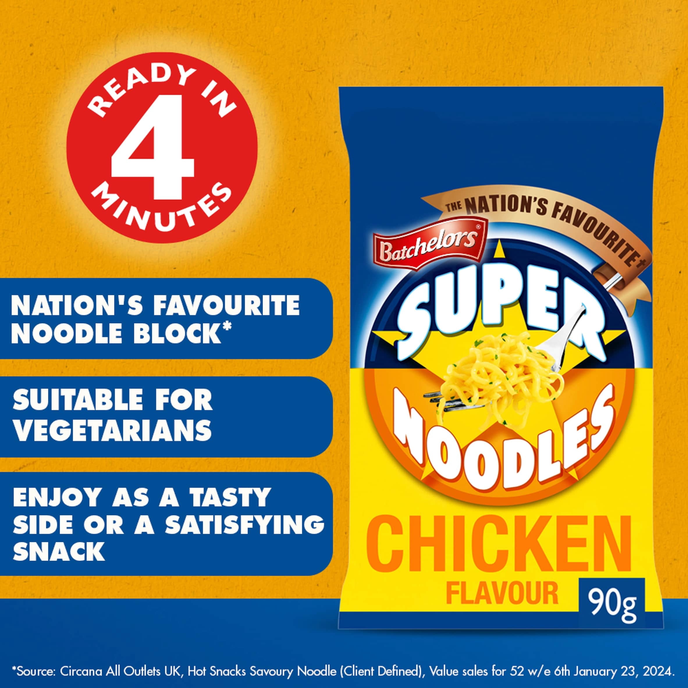 Batchelors Super Noodles Chicken 4 Pack 360G, Imported from Britain