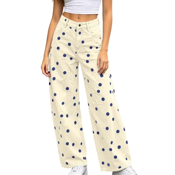 ATOYSOY Women's 2026 Polka Round Pattern Barrel Jeans Casual Wide Leg Mid Waist Denim Pants