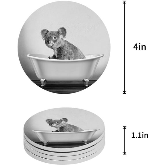 FMSHPON Koala in The Bathtub Set of 6 Round Coaster for Drinks, Absorbent Ceramic Stone Coasters Cup Mat with Cork Base for Home Kitchen Room Coffee Table Bar Decor