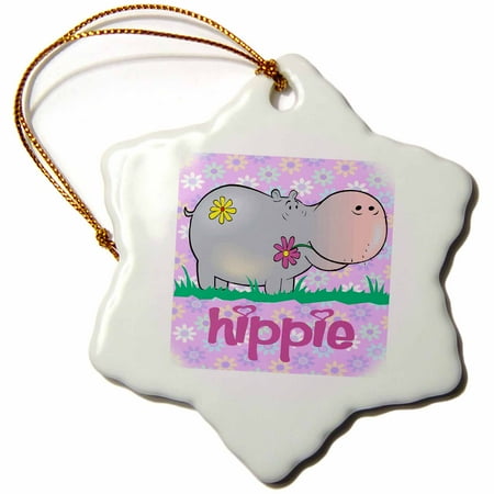 Hippo Ornament 3dRose Cute Hippie Hippo Hippopotamus With Hippie Flowers Background Cartoon Animal - Snowflake Ornament, 3-inch ()