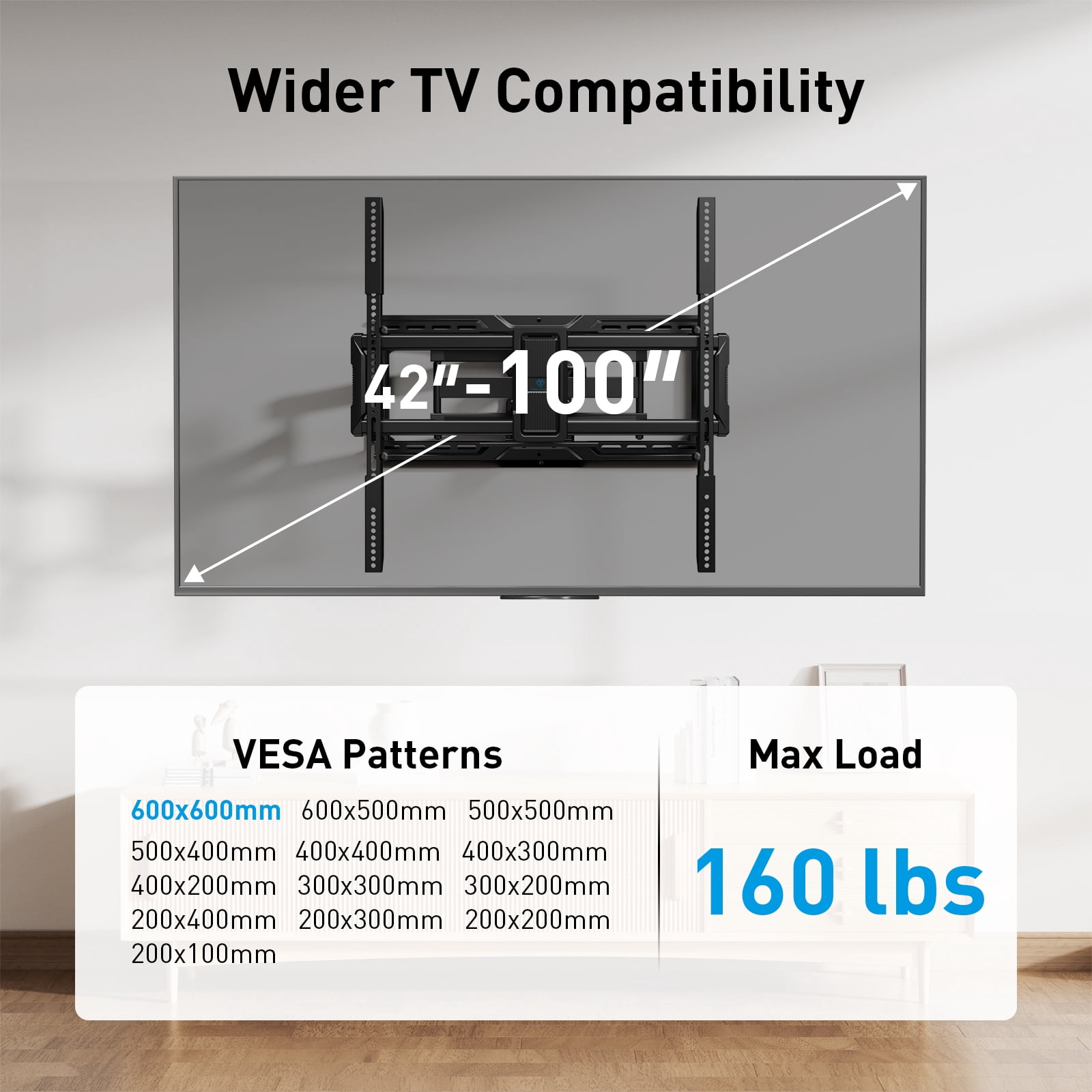 PERLESMITH Full Motion TV Wall Mount, Fits 42-100 Inch TVs, 160 lbs Capacity, Swivel Tilt Extension Leveling, VESA 200x100 to 600x600, Fits 12/16/24 Inch Wood Studs