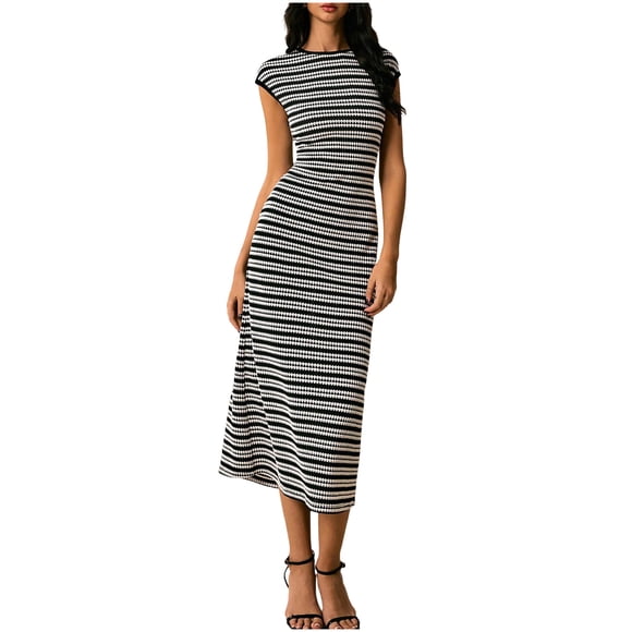 Jalioing Womens Boho Maxi Dress Fashion Striped Cap Sleeve Crew Neck Long Dress Trendy Casual Vacation Beach Sundress