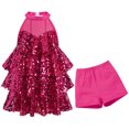 thumbnail image 2 of IBTOM CASTLE Girls Sequin Dance Outfit Sparkly Latin Hip Hop Jazz Dance Outfit Halter Mesh Ruffle Dress Top and Shorts Dancewear Hot Pink, 2 of 7