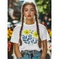 thumbnail image 4 of Women's T-Shirt Simple Cartoon Yellow Blue Flowers Short Sleeve Casual Tee Classic Crew Neck T Shirt for Women White, 2XL, 4 of 7