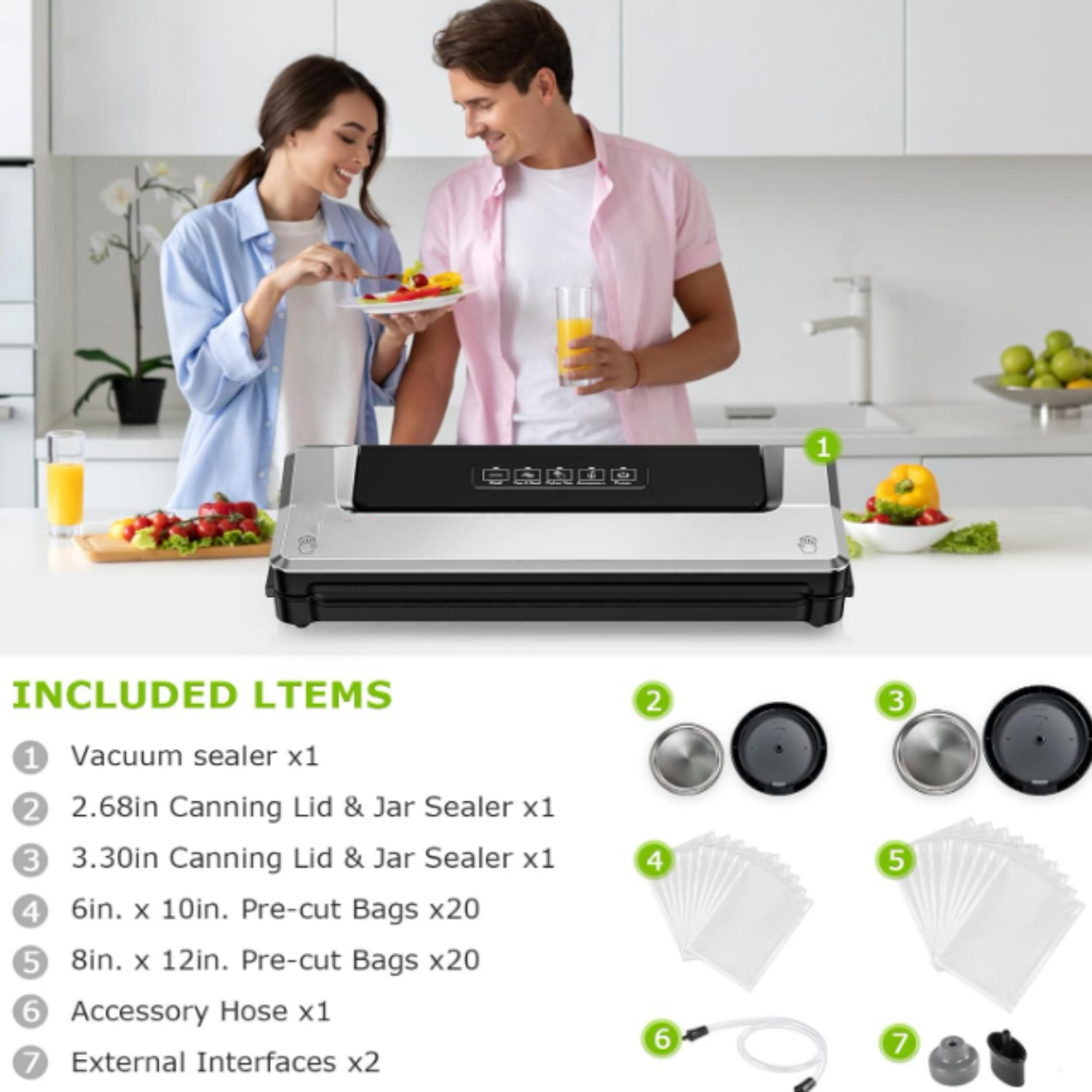 Vacuum Sealer Machine with Mason Jar Sealer Kit | Compact Food Sealer for Kitchen Storage & Meal Prep | Multiple Modes​​ | External Vacuum System & 40 Vacuum Bags, Silver