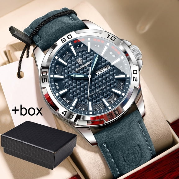 POEDAGAR Mens Sport Leather Quartz Watch Luminous Hands Date Week Display Waterproof Casual Daily Wristwatch For Men