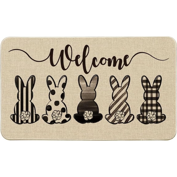 QenASHaing Mode Wood Bunny Rabbits Welcome Easter Doormat, Home Decor Low-Profile Switch Rug Door Mat Floor Mat for Indoor Outdoor 17x29 Inch