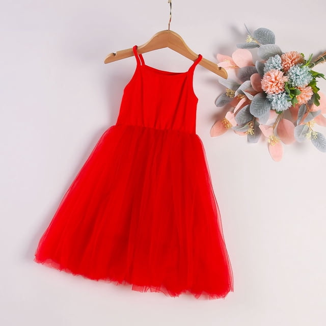 Vestido tipo tirantes para niñas Vestido de malla con costuras acanaladas para niñas de talla pequeña y mediana Vestido de princesa Vestido pontón