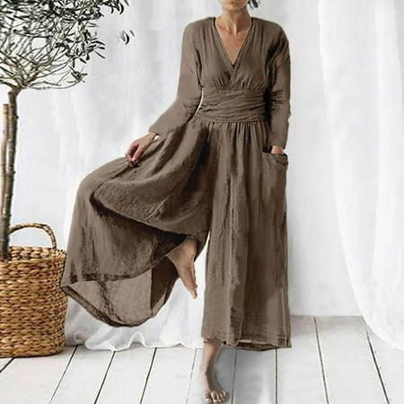 

Awdenio Women s Jumpsuits Rompers & Overalls Clearance Women Casual Solid 3/4 Sleeve Round Neck Cotton Linen Romper Long Playsuit Jumpsuit