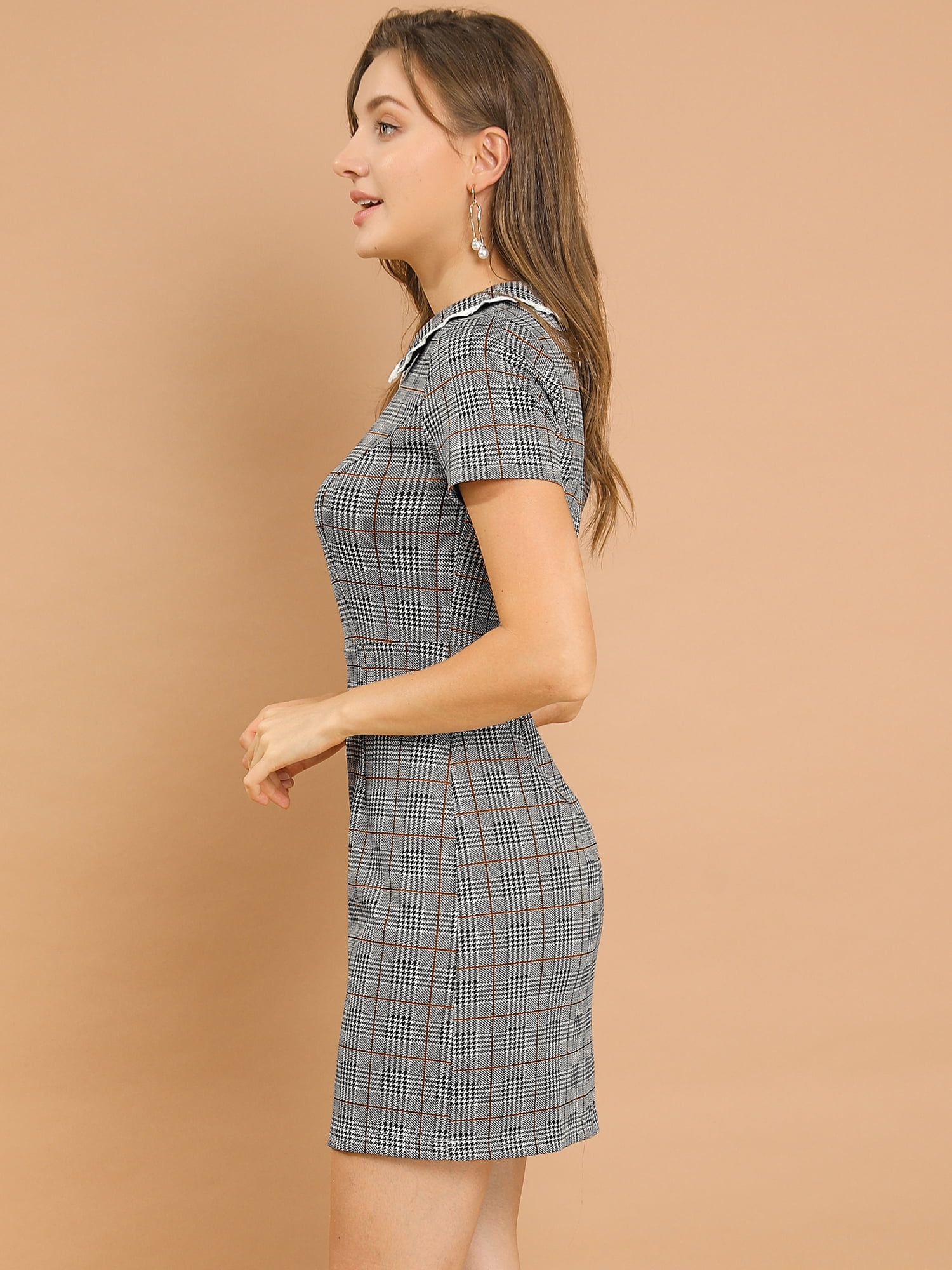 Unique Bargains Women's Contrast Short Sleeve Collar Stretchy Casual Dress S Brown