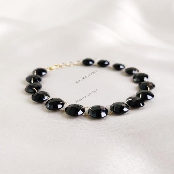 Natural Black Onyx Bracelet, 14K Solid Yellow Gold Onyx Bracelet, December Birthstone Bracelet, Christmas Present, Black Onyx Jewelry