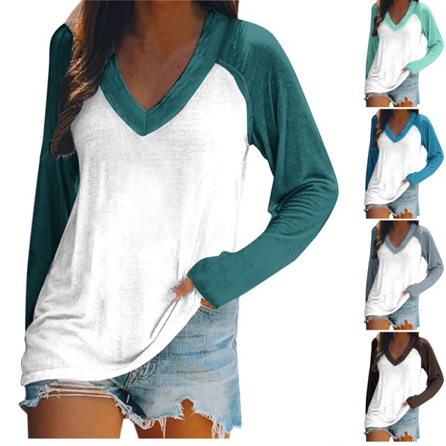 EQWLJWE Women's Raglan Sleeve Baseball Tee Loose Blouse Patchwork Henley V Neck Baseball Tee Shirt Top Plus Size Fall Clothes Christmas Tops