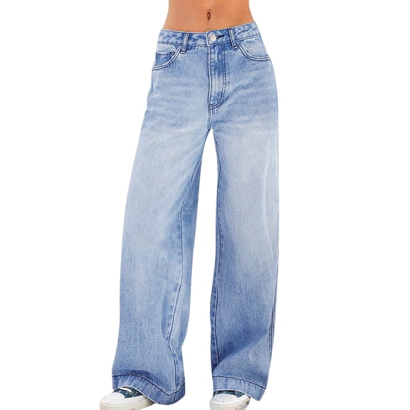 GIPQJK Women Wide Leg Jeans Straight Leg Mid Waist Vintage Y2k Denim Pants Loose Fit Trendy Stretchy Jean,Sky Blue XL