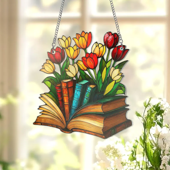 Flower Book Suncatcher, Tulip Acrylic Window Hanging Book Lover Gift