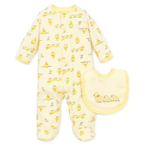 Little Me Little Me Unisex Yellow Duck Snap Front Footie Pajamas For Baby Boys Or Baby Girls With Bib Sleep N Play One Piece Romper Coverall Infant Footed Sleeper Pijamas Para