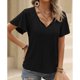 thumbnail image 3 of Camiseta informal holgada de Color puro con cuello en V y manga con volantes para mujer, color negro, 2XL, 3 of 8